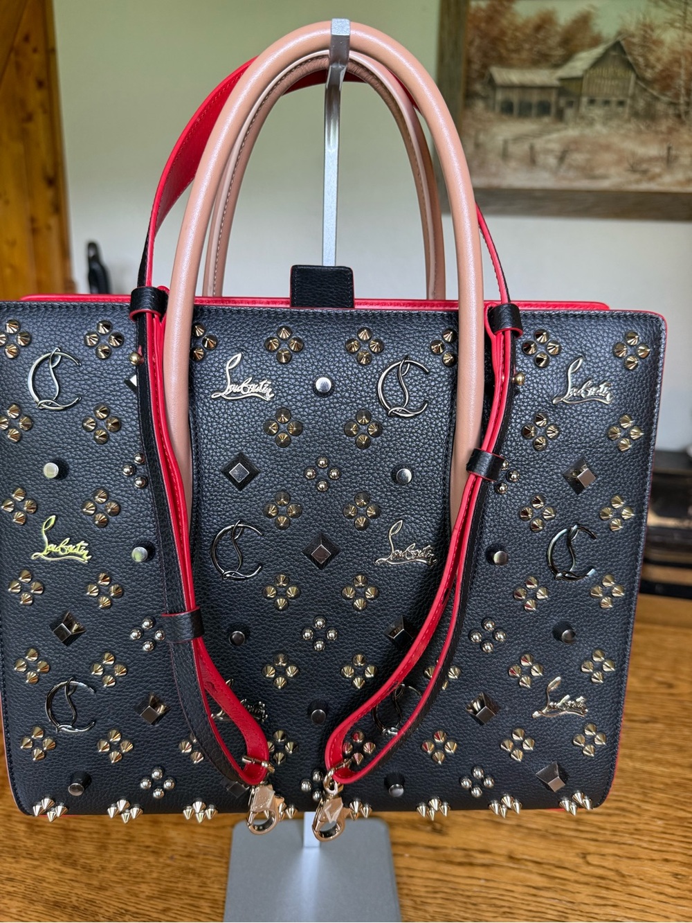 Christian Louboutin Paloma Black Studded Tote with Tan Handles and Red Trim - Picture 8 of 15